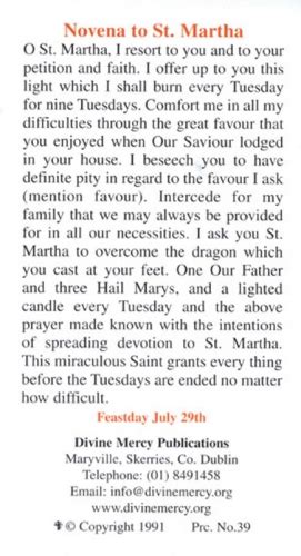 Prayer Cards St Martha