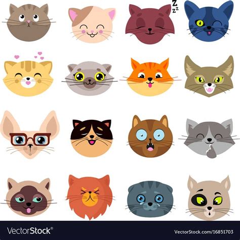 Fun Cartoon Cat Faces Cute Kitten Portraits Vector Set
