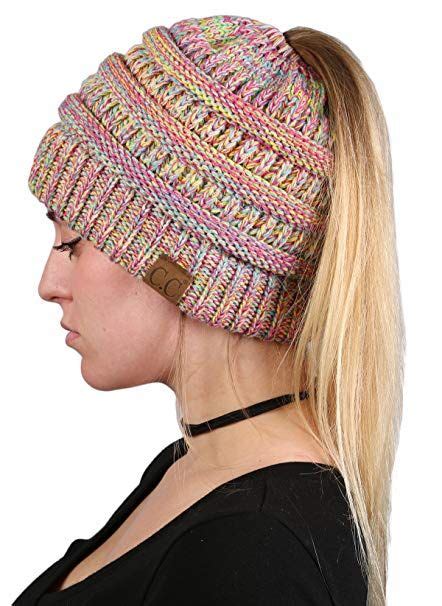 Funky Junque Womens Beanie Ponytail Messy Bun Beanietail Multi Color