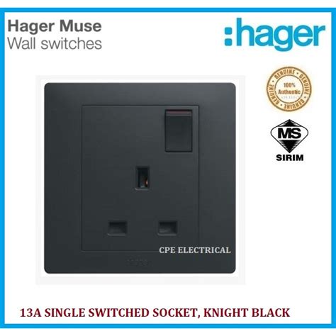 Hager Muse Wgms113s 13a Single Switched Socket Outlet Knight Black
