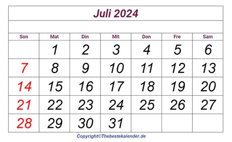 Druckbare Juli 2024 Kalender Vorlage Zum Ausdrucken