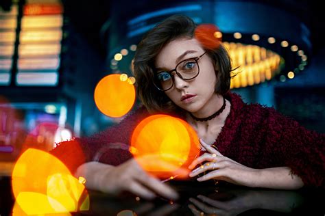 Wallpaper Olya Pushkina Model Brunette Looking At Viewer Necklace Women With Glasses
