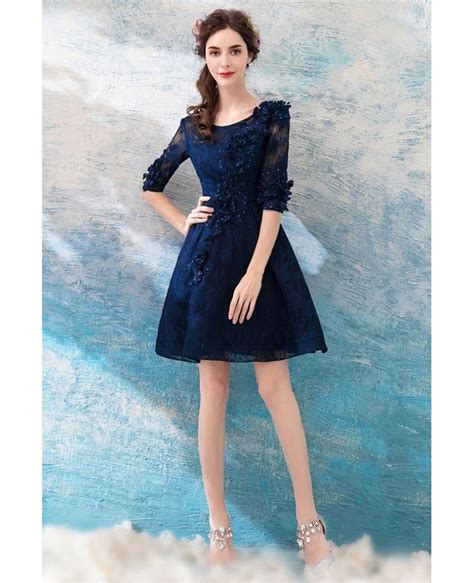 modest navy blue lace short prom party dress with half sleeves wholesale t69231