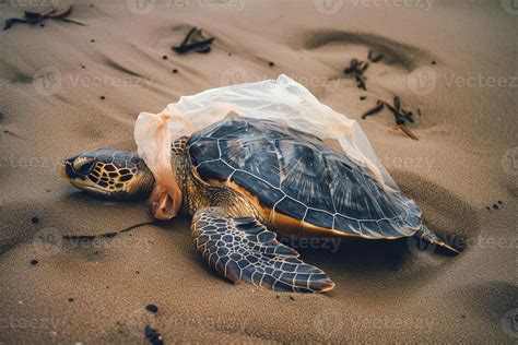 A Turtle Trapped In A Plastic Bag Lying On The Beach The Concept Of An