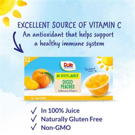 Dole Fruit Bowls Diced Peaches In 100 Juice Cups 12 Ct 4 Oz Kroger