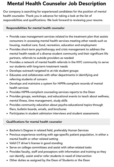 Mental Health Counselor Job Description Velvet Jobs