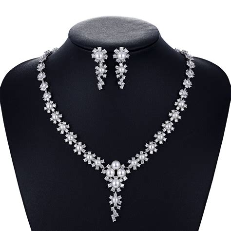 Crystal CZ Cubic Zirconia Bridal Wedding Pearl Necklace Earring Set