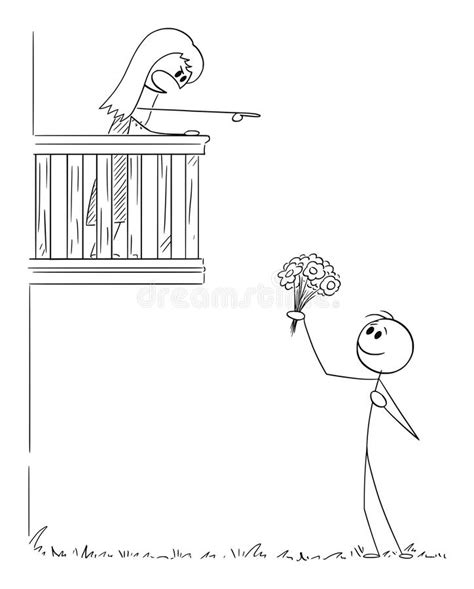 Lover Confessing Love To Girl On Balcony She Refuse Vector Cartoon Stick Figure Illustration