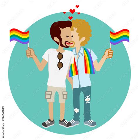 Kissing Young Gay Couple Holding Rainbow Flags Lgbt Parade Concept
