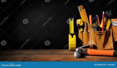 Home Improvement Construction Tools On Black Background With Copy