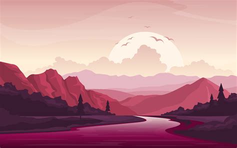River Sunset Landscape Illustration Templatemonster
