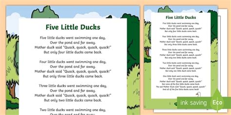 Five Little Ducks Nursery Rhyme Lyrics Poster Twinkl