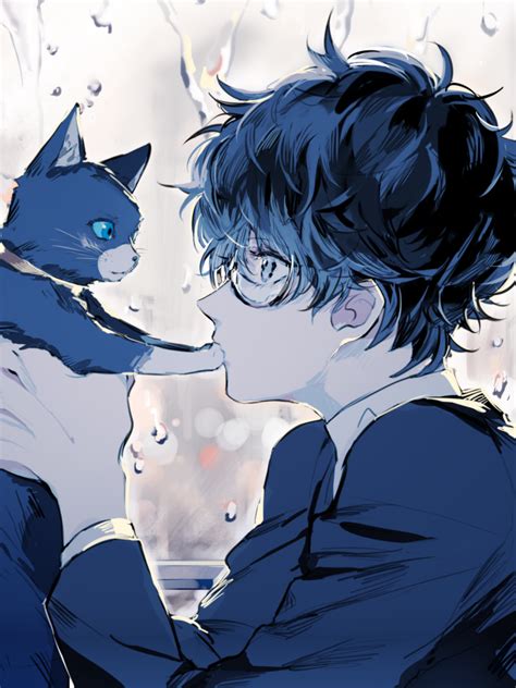 Download 768x1024 Persona 5 Kurusu Akira Anime Boy Cat Glasses Profile View Cute