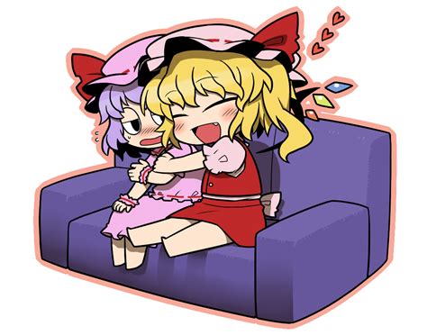 Blonde Hair Blue Hair Blush Fang Flandre Scarlet Hat Hug Remilia Scarlet Short Hair Touhou Ume