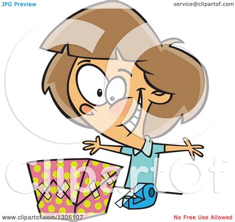 clipart of a cartoon excited brunette white girl wrapping a t royalty free vector