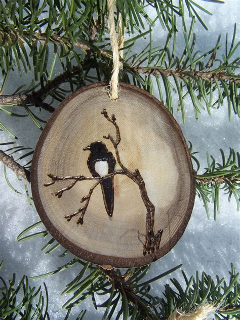 Black Bird Magpie Wood Burned Christmas Tree Ornaments Etsy