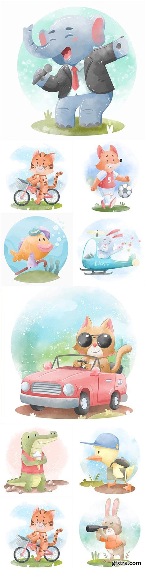 Cute Cartoon Animals Watercolor Illustrations 6 Gfxtra
