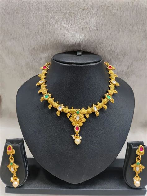party wear brass base 6 inch golden bridal necklace set 60g at rs