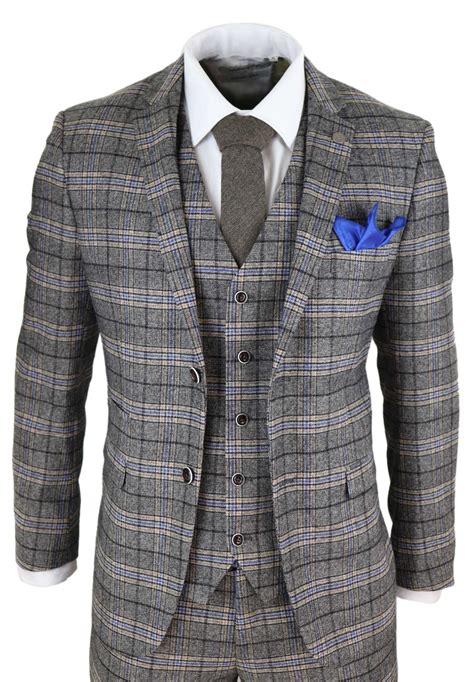 Mens Grey 3 Piece Tweed Check Suit Buy Online Happy Gentleman