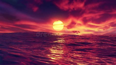 Red Beautiful Sunset Over Ocean With Red Sky And Amazing Sea With Waves