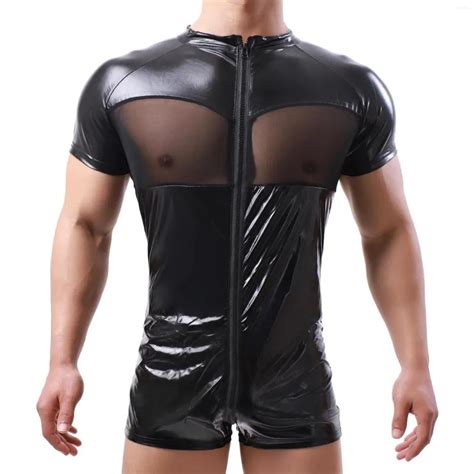 Undershirts Sexy Mens Faux Leather Wetlook Zipper Bodysuits One Piece Leotard Wrestling Singlets