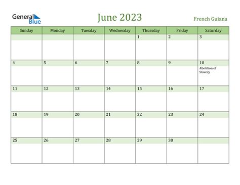 French Guiana June 2023 Calendar With Holidays