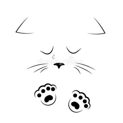 Vector Black And White Outline Drawing Sad Cat Face With Paws Stock