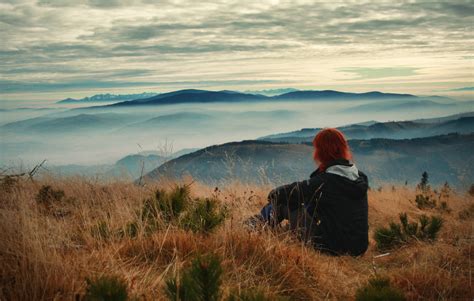 Women Mountains Clouds Landscapes Nature Redheads Hills Mountain