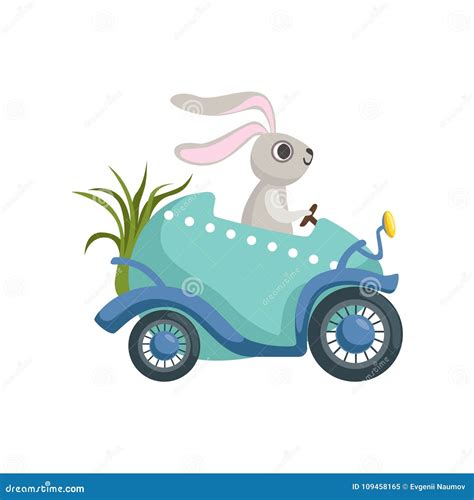 Cute Little Bunny Driving Easter Blue Car Egg Funny Rabbit Character