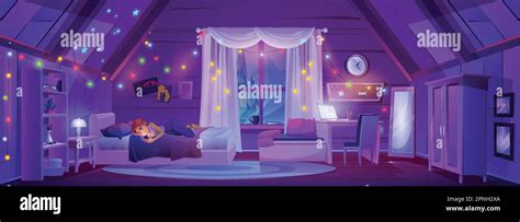 night attic bedroom interior and girl lying with smartphone cartoon