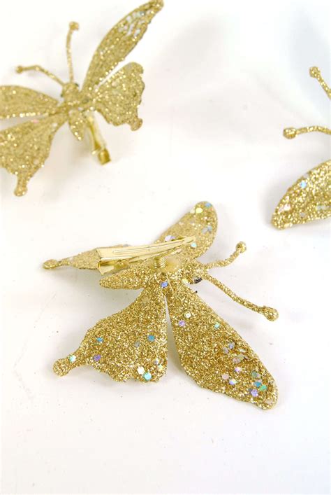 Butterflies Set Of 3 Gold Glitter Sparkly Clip On Butterflies