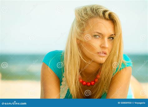Beautiful Blonde Girl On Sandy Beach Portrait Stock Photo Image Of