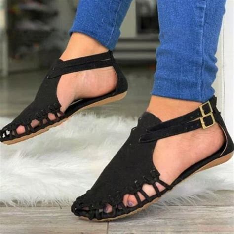 Summer Women Flat Sandals Gladiator Black Closed Toe Ladies Shoes