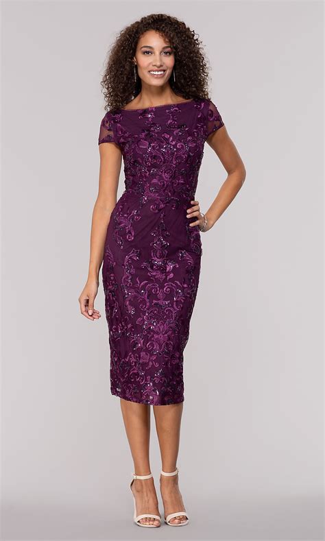 Pair this versatile embroidered dress with heels and sparkly earrings for an evening celebration or boots and a sleek jacket for an outdoor fete. Eggplant Purple Short Wedding-Guest Dress - PromGirl