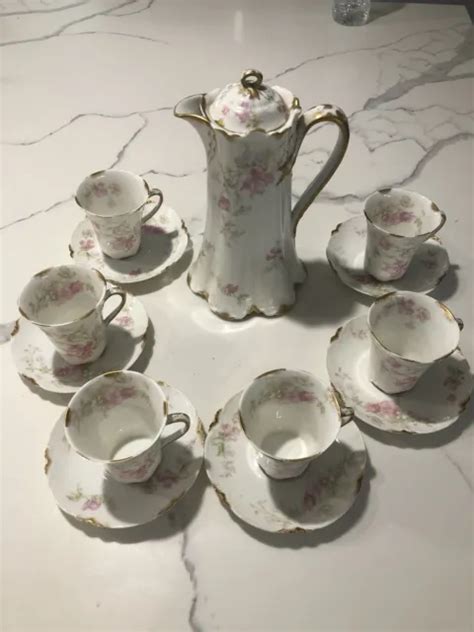 ANTIQUE HAVILAND LIMOGES Chocolate Pot Teapot Pink Roses And 6 Tea Cut
