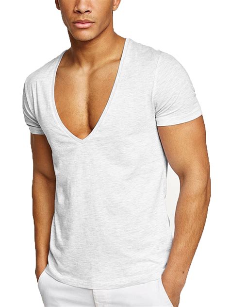 Beiwei Mens Deep V Neck T Shirts Slim Fit Summer Basic Tee Shirt Short Sleeve Sexy Low Cut