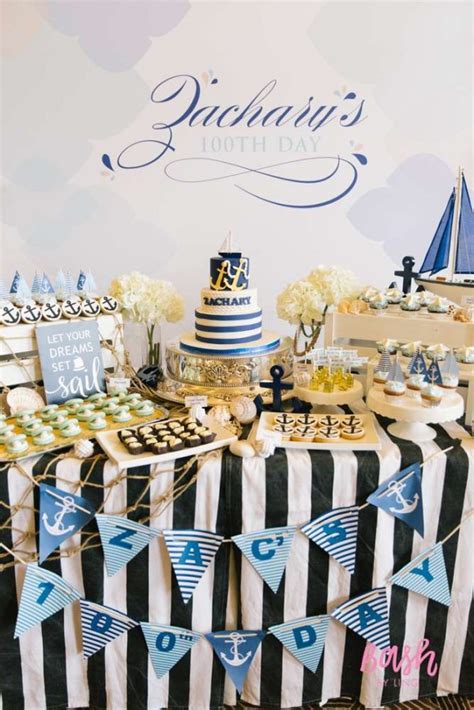 Sailor dessert table in navy, white and coral. Modern Nautical Birthday Party - Birthday Party Ideas & Themes