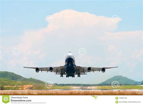 Airplane Take Off Above Airport Runway Stock Photo Image