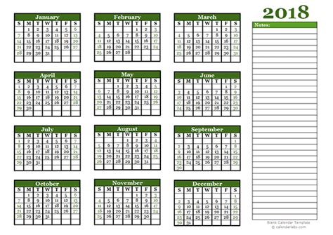 2018 Yearly Calendar With Blank Notes Free Printable Templates