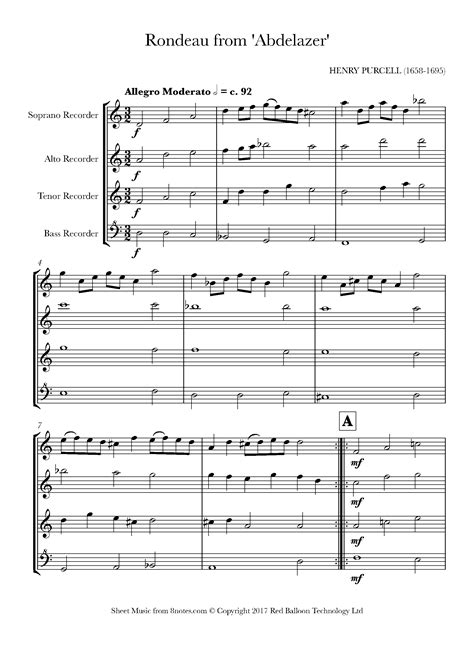 Purcell Rondeau From Abdelazer Sheet Music For Recorder Quartet