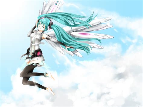 Hatsune Miku Miku Append Sky Thighhighs Twintails Vocaloid Wings