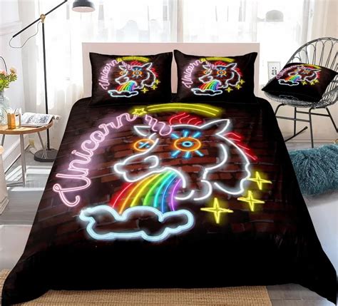 3 Pcs Luminous Unicorn Bedding Set Star Rainbow Duvet Cover Colorful Quilt Cover Neon Light