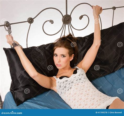 Pretty Woman Angry Restrained Handcuffs Wrought Iron Bed Frame Stock Photo Image