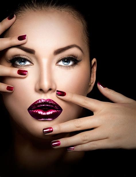 Fashion Model Girl Face Beauty Woman Make Up And Manicure Makeup Closeup Perfect Skin