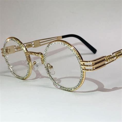 Designer Bling Diamond Rhinestone Round Gold Metal Frame Etsy Glasses Fashion Women Men
