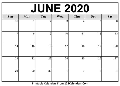 Blank Calendarjune 2020 Printable Monthly Example Calendar Printable