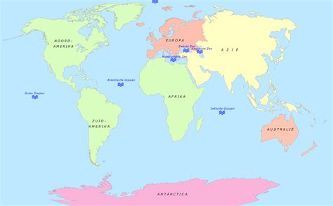 De landen worden met heldere kleuren onderscheiden. Om als extra materiaal oefenen, continenten mét wateren ...