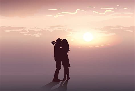 Silhouette Romantic Couple Embrace At Sunset Lovers Man And Woman Kiss