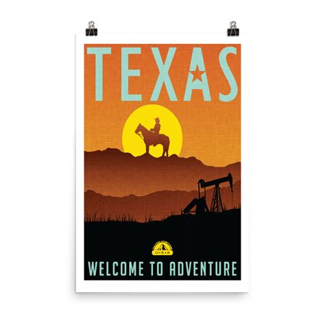 Texas Poster Travel Print Vintage Style Texas Art Western Etsy