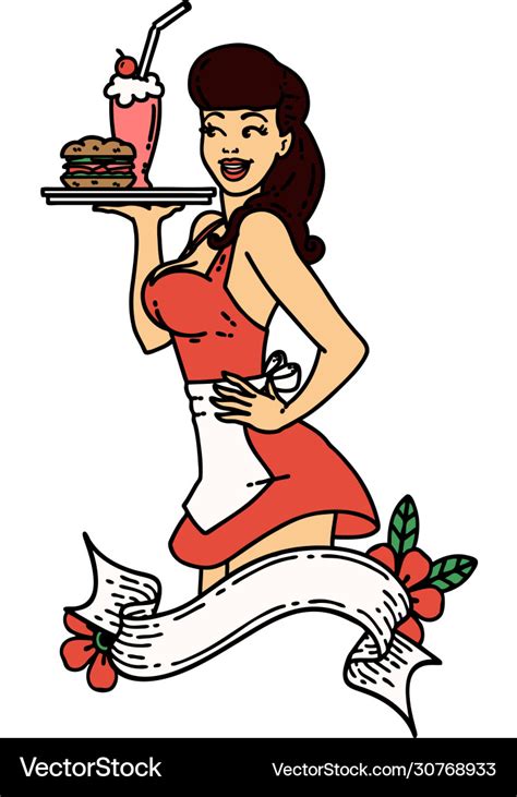 Traditional Tattoo A Pinup Waitress Girl Vector Image